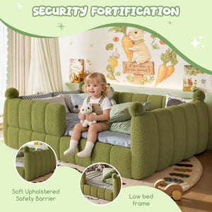 English Elm Full Size Montessori Floor Bed Teddy Upholstered Surround Rails Low Profile Kids Frame Green W5305S00086