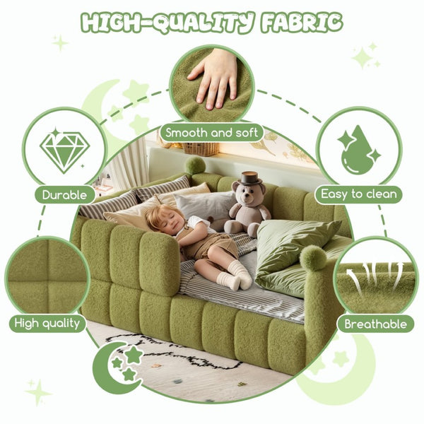 English Elm Full Size Montessori Floor Bed Teddy Upholstered Surround Rails Low Profile Kids Frame Green W5305S00086