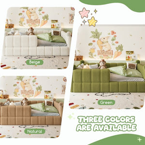 English Elm Full Size Montessori Floor Bed Teddy Upholstered Surround Rails Low Profile Kids Frame Green W5305S00086