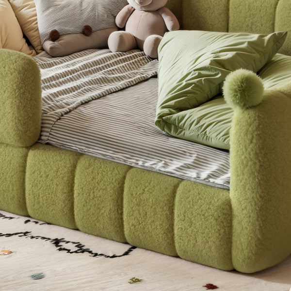 English Elm Full Size Montessori Floor Bed Teddy Upholstered Surround Rails Low Profile Kids Frame Green W5305S00086