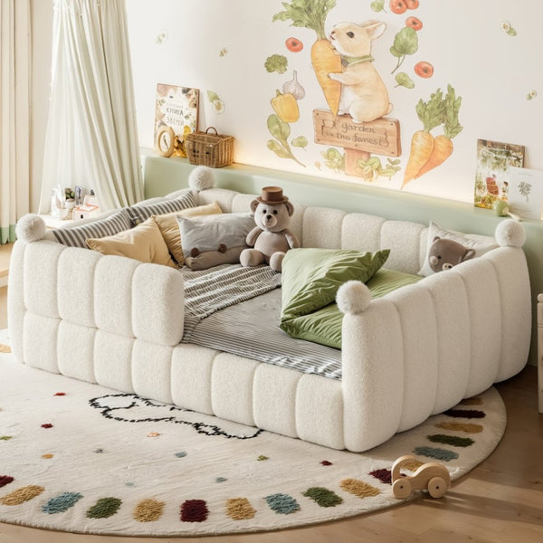 English Elm Full Size Montessori Floor Bed Teddy Upholstered Surround Rails Low Profile Kids Frame Beige W5305S00087