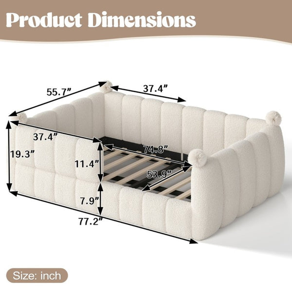 English Elm Full Size Montessori Floor Bed Teddy Upholstered Surround Rails Low Profile Kids Frame Beige W5305S00087