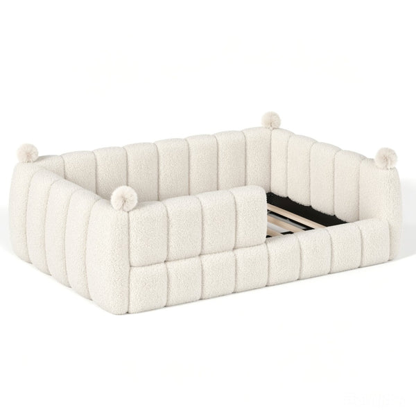 English Elm Full Size Montessori Floor Bed Teddy Upholstered Surround Rails Low Profile Kids Frame Beige W5305S00087