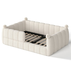 English Elm Full Size Montessori Floor Bed Teddy Upholstered Surround Rails Low Profile Kids Frame Beige W5305S00087