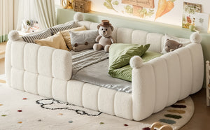 English Elm Full Size Montessori Floor Bed Teddy Upholstered Surround Rails Low Profile Kids Frame Beige W5305S00087