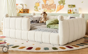 English Elm Full Size Montessori Floor Bed Teddy Upholstered Surround Rails Low Profile Kids Frame Beige W5305S00087