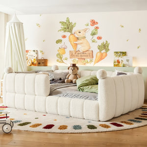 English Elm Full Size Montessori Floor Bed Teddy Upholstered Surround Rails Low Profile Kids Frame Beige W5305S00087