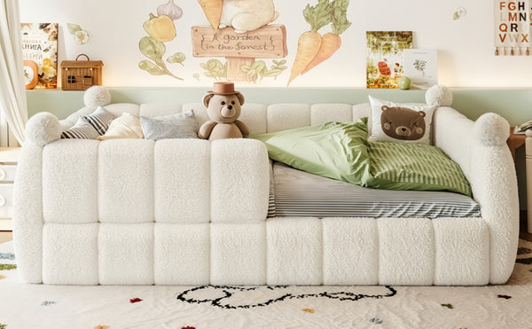 English Elm Full Size Montessori Floor Bed Teddy Upholstered Surround Rails Low Profile Kids Frame Beige W5305S00087