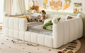 English Elm Full Size Montessori Floor Bed Teddy Upholstered Surround Rails Low Profile Kids Frame Beige W5305S00087