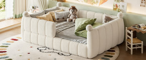 English Elm Full Size Montessori Floor Bed Teddy Upholstered Surround Rails Low Profile Kids Frame Beige W5305S00087