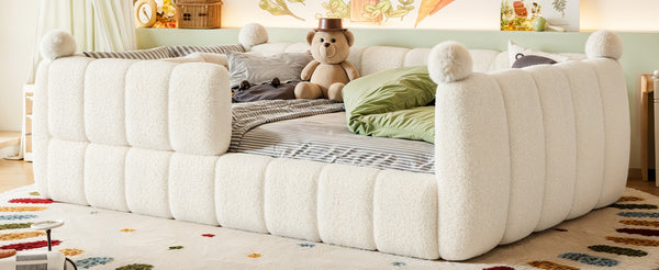 English Elm Full Size Montessori Floor Bed Teddy Upholstered Surround Rails Low Profile Kids Frame Beige W5305S00087