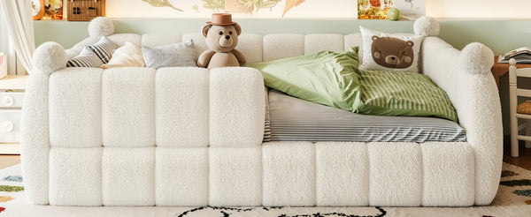 English Elm Full Size Montessori Floor Bed Teddy Upholstered Surround Rails Low Profile Kids Frame Beige W5305S00087