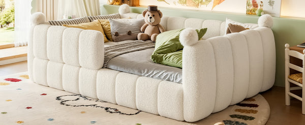 English Elm Full Size Montessori Floor Bed Teddy Upholstered Surround Rails Low Profile Kids Frame Beige W5305S00087