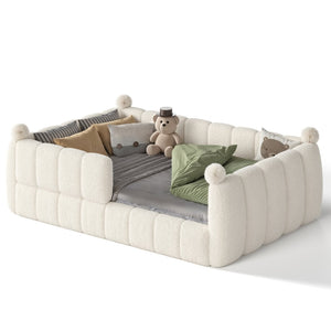 English Elm Full Size Montessori Floor Bed Teddy Upholstered Surround Rails Low Profile Kids Frame Beige W5305S00087