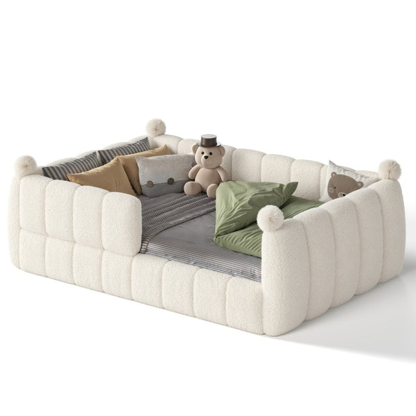 English Elm Full Size Montessori Floor Bed Teddy Upholstered Surround Rails Low Profile Kids Frame Beige W5305S00087