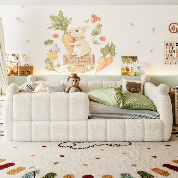 English Elm Full Size Montessori Floor Bed Teddy Upholstered Surround Rails Low Profile Kids Frame Beige W5305S00087