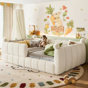 English Elm Full Size Montessori Floor Bed Teddy Upholstered Surround Rails Low Profile Kids Frame Beige W5305S00087