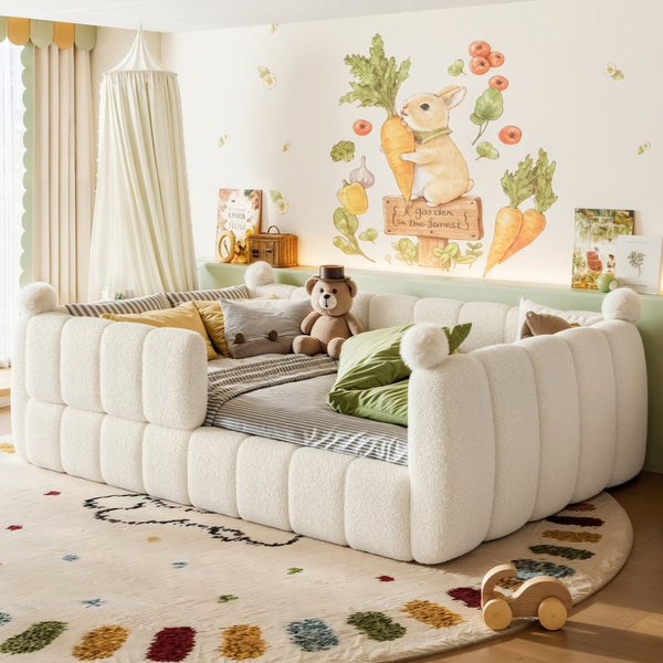 English Elm Full Size Montessori Floor Bed Teddy Upholstered Surround Rails Low Profile Kids Frame Beige W5305S00087