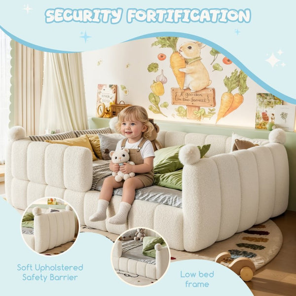 English Elm Full Size Montessori Floor Bed Teddy Upholstered Surround Rails Low Profile Kids Frame Beige W5305S00087