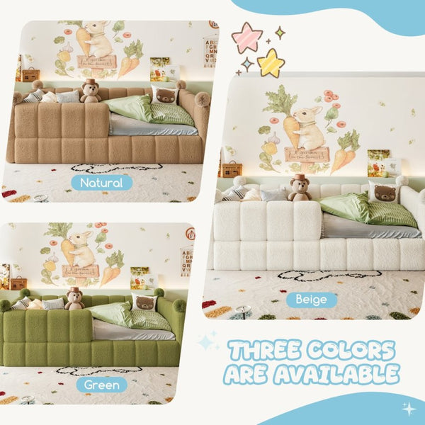 English Elm Full Size Montessori Floor Bed Teddy Upholstered Surround Rails Low Profile Kids Frame Beige W5305S00087