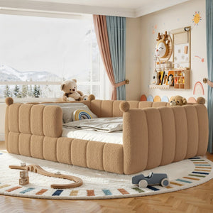 English Elm Queen Montessori Floor Bed Teddy Upholstered Low Profile Frame with Padded Safety Rails Natural W5305S00088