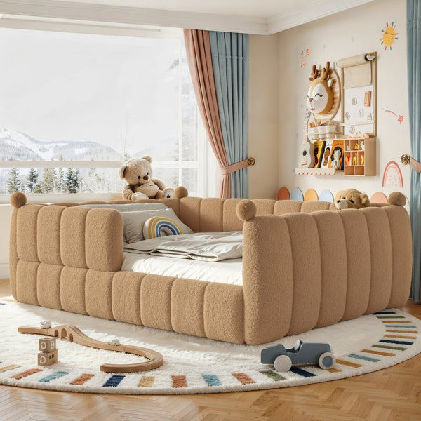 English Elm Queen Montessori Floor Bed Teddy Upholstered Low Profile Frame with Padded Safety Rails Natural W5305S00088