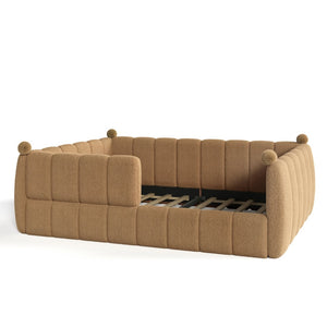 English Elm Queen Montessori Floor Bed Teddy Upholstered Low Profile Frame with Padded Safety Rails Natural W5305S00088