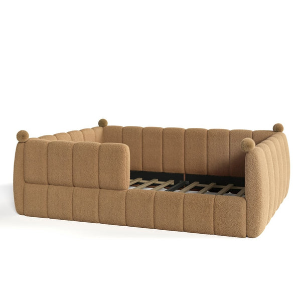 English Elm Queen Montessori Floor Bed Teddy Upholstered Low Profile Frame with Padded Safety Rails Natural W5305S00088