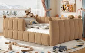 English Elm Queen Montessori Floor Bed Teddy Upholstered Low Profile Frame with Padded Safety Rails Natural W5305S00088