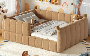 English Elm Queen Montessori Floor Bed Teddy Upholstered Low Profile Frame with Padded Safety Rails Natural W5305S00088