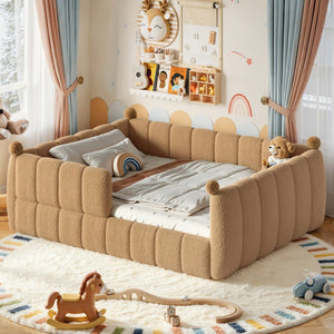 English Elm Queen Montessori Floor Bed Teddy Upholstered Low Profile Frame with Padded Safety Rails Natural W5305S00088