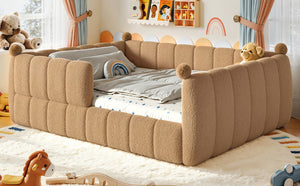English Elm Queen Montessori Floor Bed Teddy Upholstered Low Profile Frame with Padded Safety Rails Natural W5305S00088