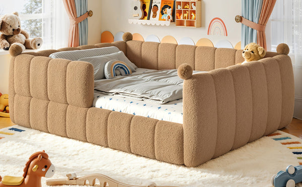 English Elm Queen Montessori Floor Bed Teddy Upholstered Low Profile Frame with Padded Safety Rails Natural W5305S00088