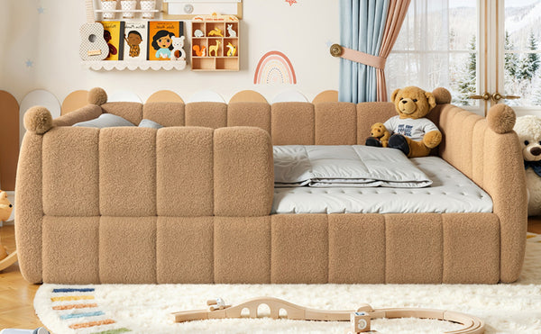 English Elm Queen Montessori Floor Bed Teddy Upholstered Low Profile Frame with Padded Safety Rails Natural W5305S00088