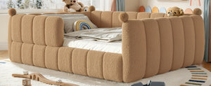 English Elm Queen Montessori Floor Bed Teddy Upholstered Low Profile Frame with Padded Safety Rails Natural W5305S00088