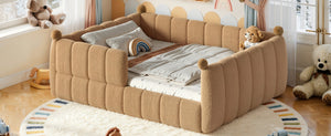 English Elm Queen Montessori Floor Bed Teddy Upholstered Low Profile Frame with Padded Safety Rails Natural W5305S00088