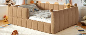 English Elm Queen Montessori Floor Bed Teddy Upholstered Low Profile Frame with Padded Safety Rails Natural W5305S00088