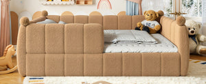 English Elm Queen Montessori Floor Bed Teddy Upholstered Low Profile Frame with Padded Safety Rails Natural W5305S00088
