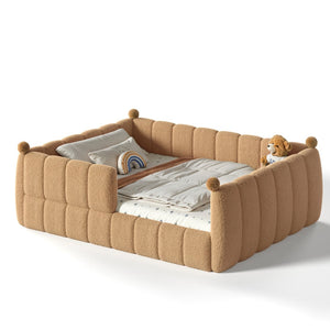 English Elm Queen Montessori Floor Bed Teddy Upholstered Low Profile Frame with Padded Safety Rails Natural W5305S00088