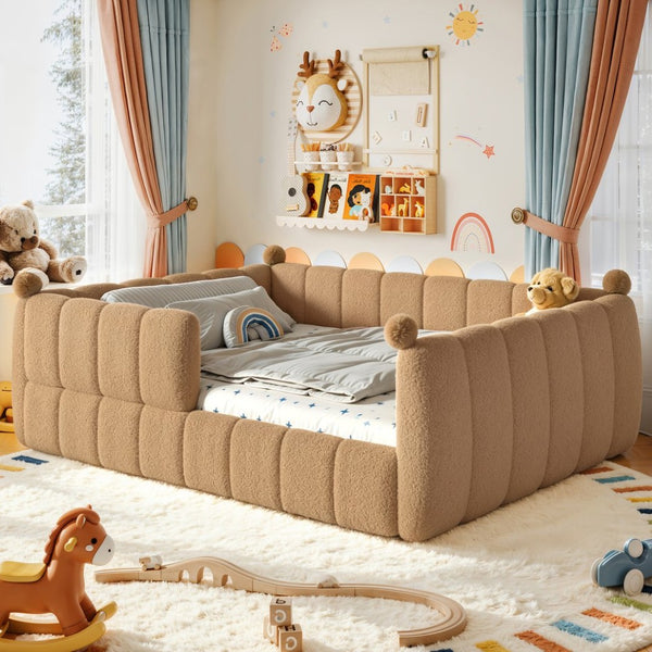 English Elm Queen Montessori Floor Bed Teddy Upholstered Low Profile Frame with Padded Safety Rails Natural W5305S00088