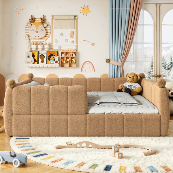 English Elm Queen Montessori Floor Bed Teddy Upholstered Low Profile Frame with Padded Safety Rails Natural W5305S00088