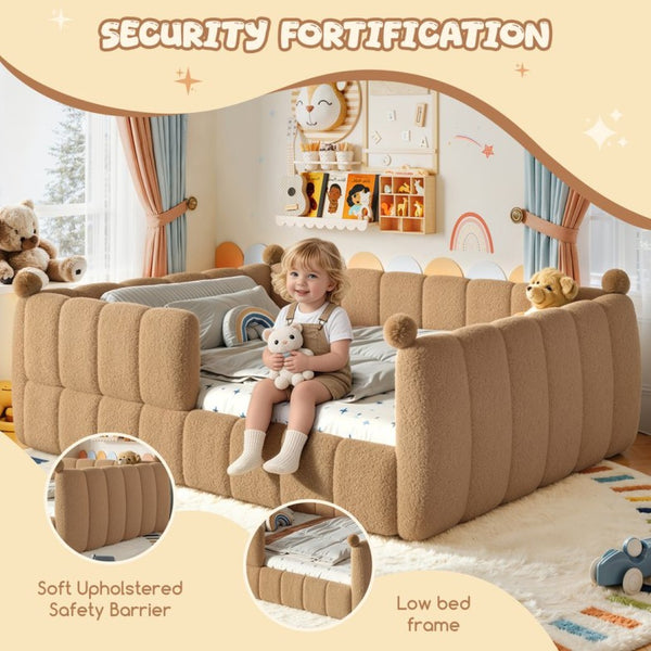English Elm Queen Montessori Floor Bed Teddy Upholstered Low Profile Frame with Padded Safety Rails Natural W5305S00088