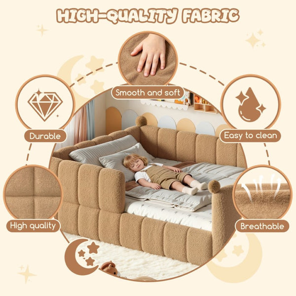 English Elm Queen Montessori Floor Bed Teddy Upholstered Low Profile Frame with Padded Safety Rails Natural W5305S00088