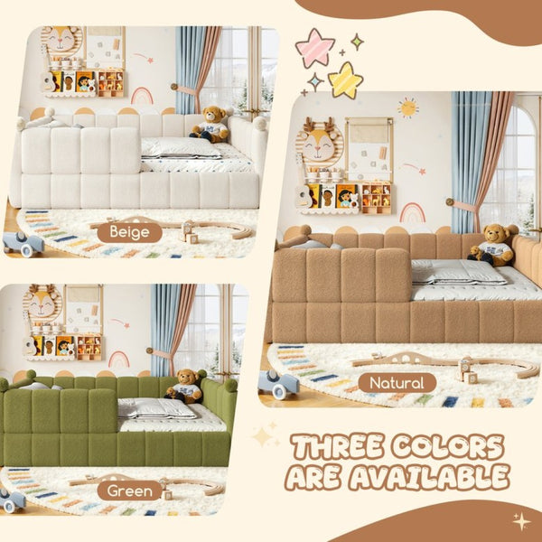 English Elm Queen Montessori Floor Bed Teddy Upholstered Low Profile Frame with Padded Safety Rails Natural W5305S00088