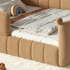 English Elm Queen Montessori Floor Bed Teddy Upholstered Low Profile Frame with Padded Safety Rails Natural W5305S00088