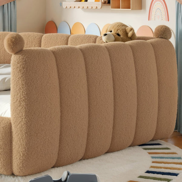 English Elm Queen Montessori Floor Bed Teddy Upholstered Low Profile Frame with Padded Safety Rails Natural W5305S00088