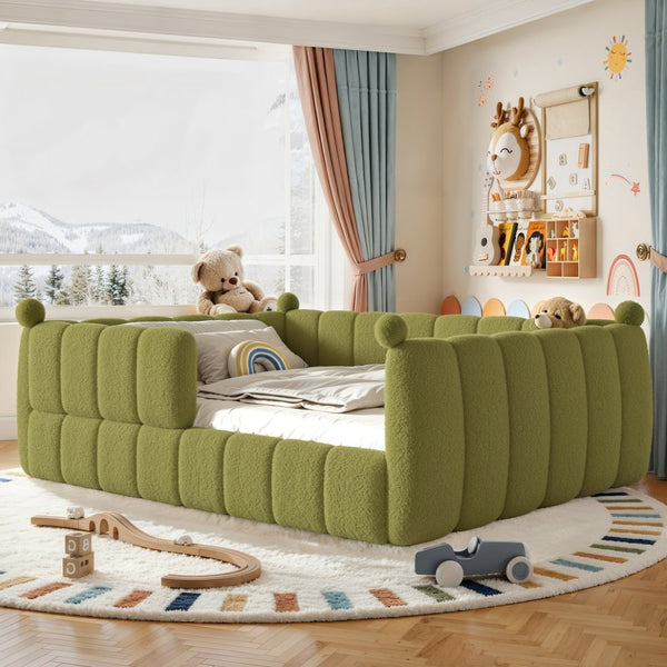 English Elm Queen Montessori Floor Bed Teddy Upholstered Low Profile Frame with Padded Safety Rails Green W5305S00089