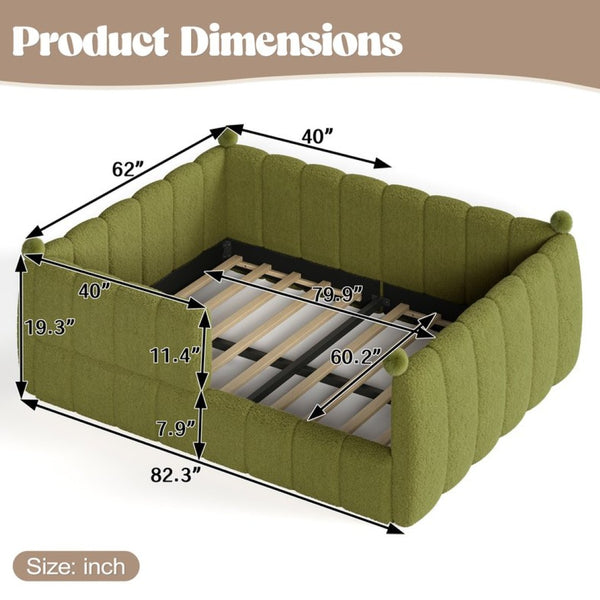 English Elm Queen Montessori Floor Bed Teddy Upholstered Low Profile Frame with Padded Safety Rails Green W5305S00089