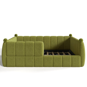 English Elm Queen Montessori Floor Bed Teddy Upholstered Low Profile Frame with Padded Safety Rails Green W5305S00089