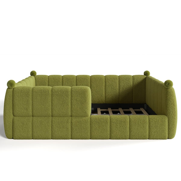 English Elm Queen Montessori Floor Bed Teddy Upholstered Low Profile Frame with Padded Safety Rails Green W5305S00089